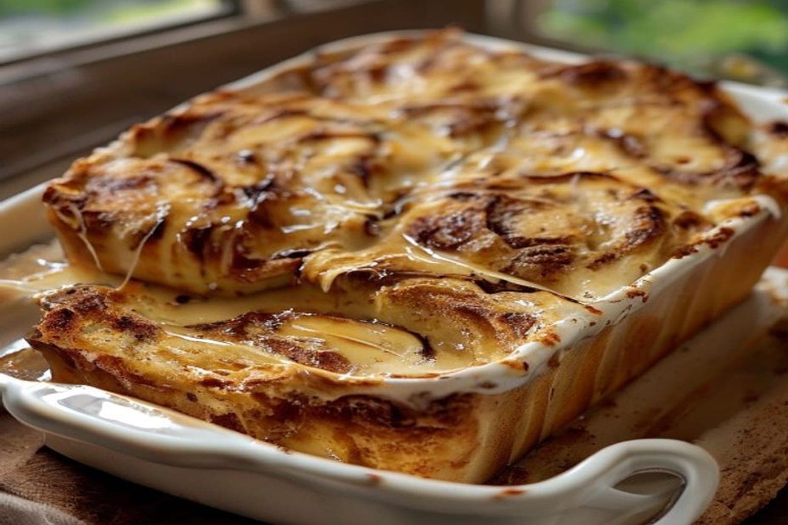 baked cinnamon roll bread pudding in a white ceramic baking dish (AI-generated editorial image)