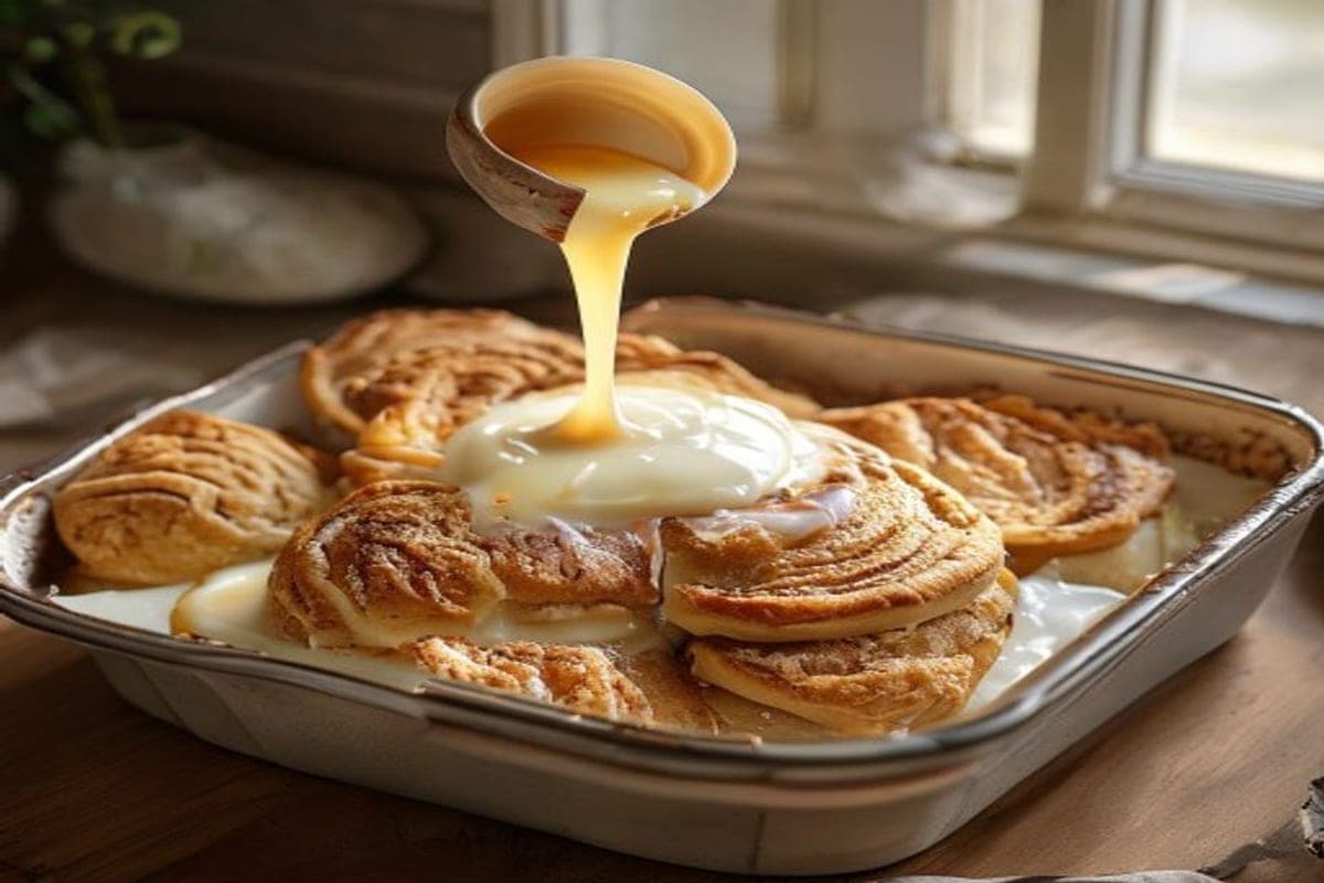 torn pieces of day-old cinnamon rolls piled in a baking dish with a bowl of whisked egg custard being poured over them (AI-generated editorial image)