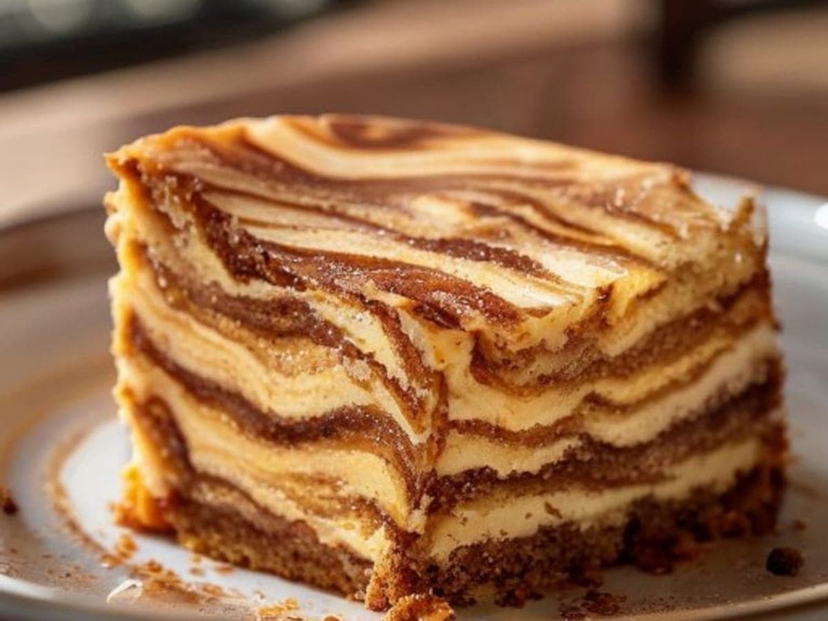 a single square slice of cinnamon swirl cake on a plate showing the marbled cinnamon ribbons through the tender cake crumb (AI-generated editorial image)