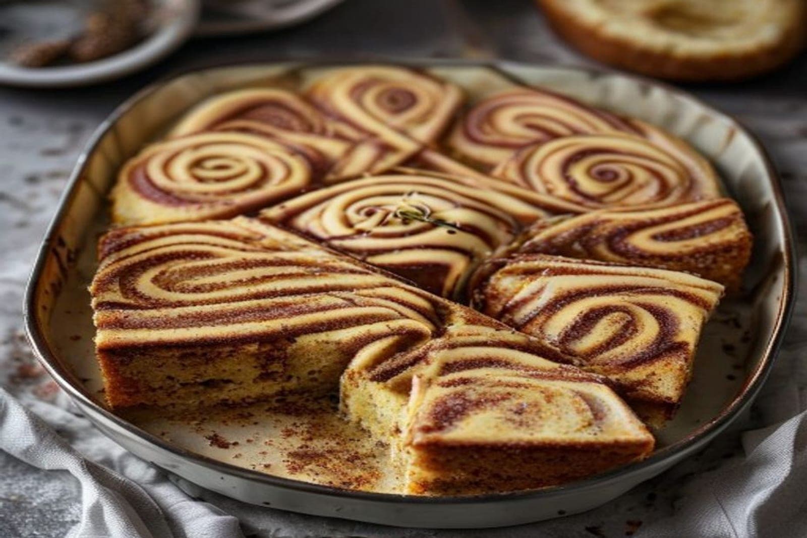a single-layer cinnamon roll sheet cake in a baking pan cut into squares (AI-generated editorial image)