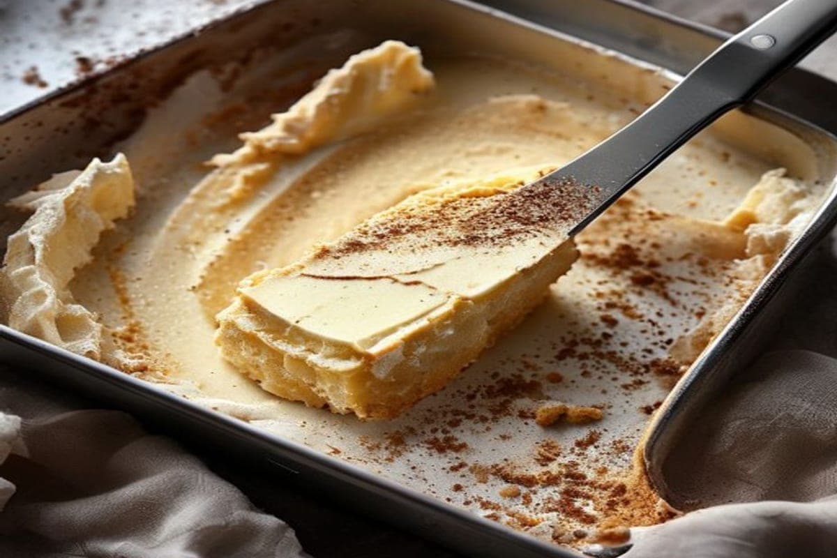 a butter knife dragging a cinnamon-sugar mixture into pale cake batter in a rectangular pan to marble it (AI-generated editorial image)