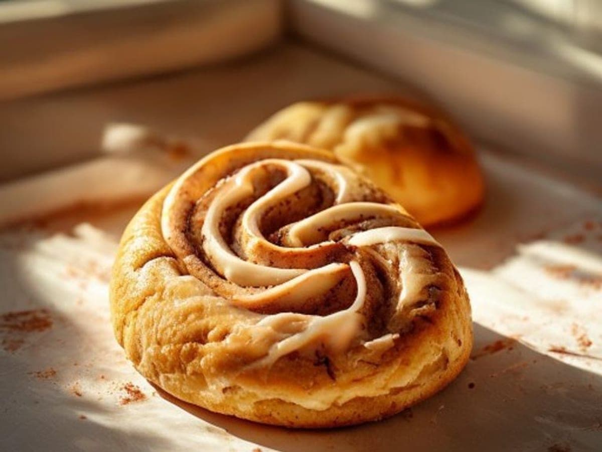 a single cinnamon roll cookie broken in half showing a soft chewy interior with a ribbon of cinnamon swirl running through it (AI-generated editorial image)