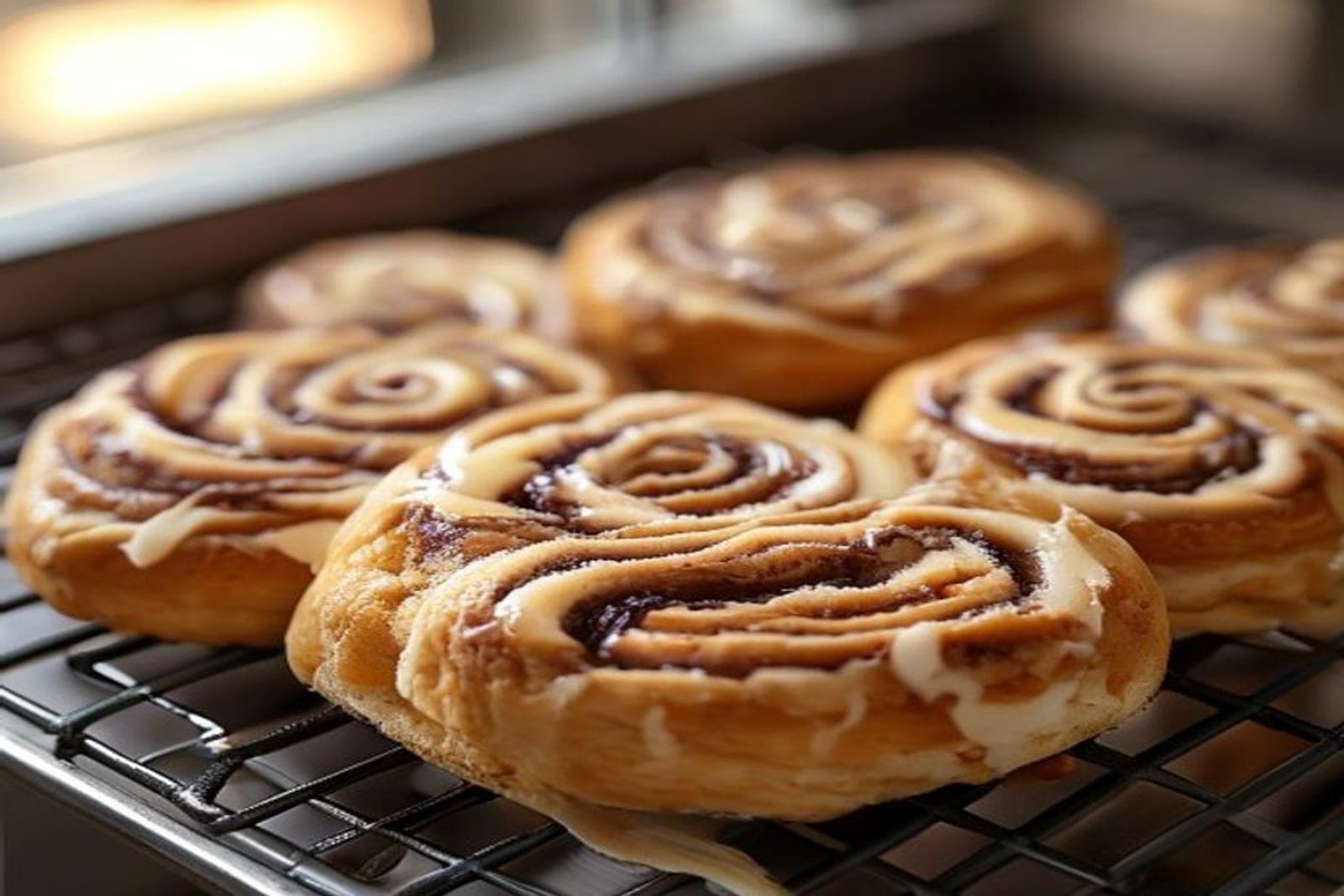 a plate of soft cinnamon roll cookies on a cooling rack (AI-generated editorial image)