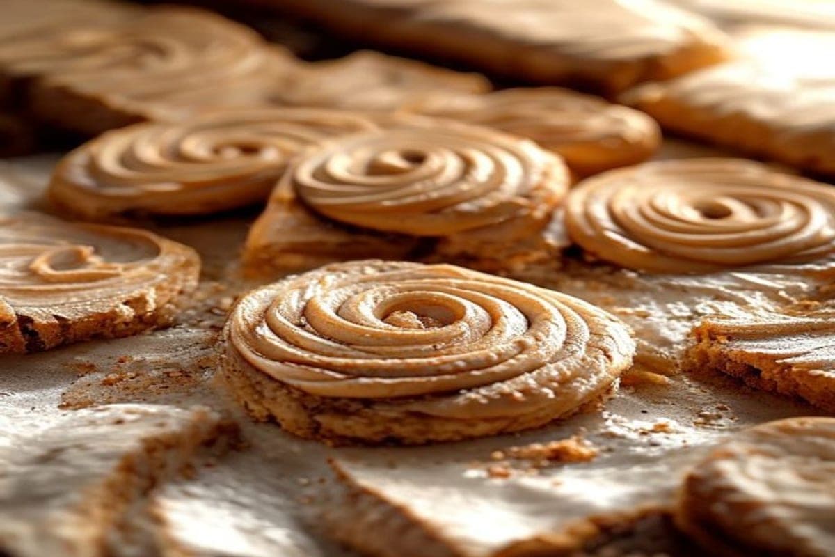 a log of cookie dough spread with cinnamon filling being sliced into pinwheel rounds on parchment (AI-generated editorial image)