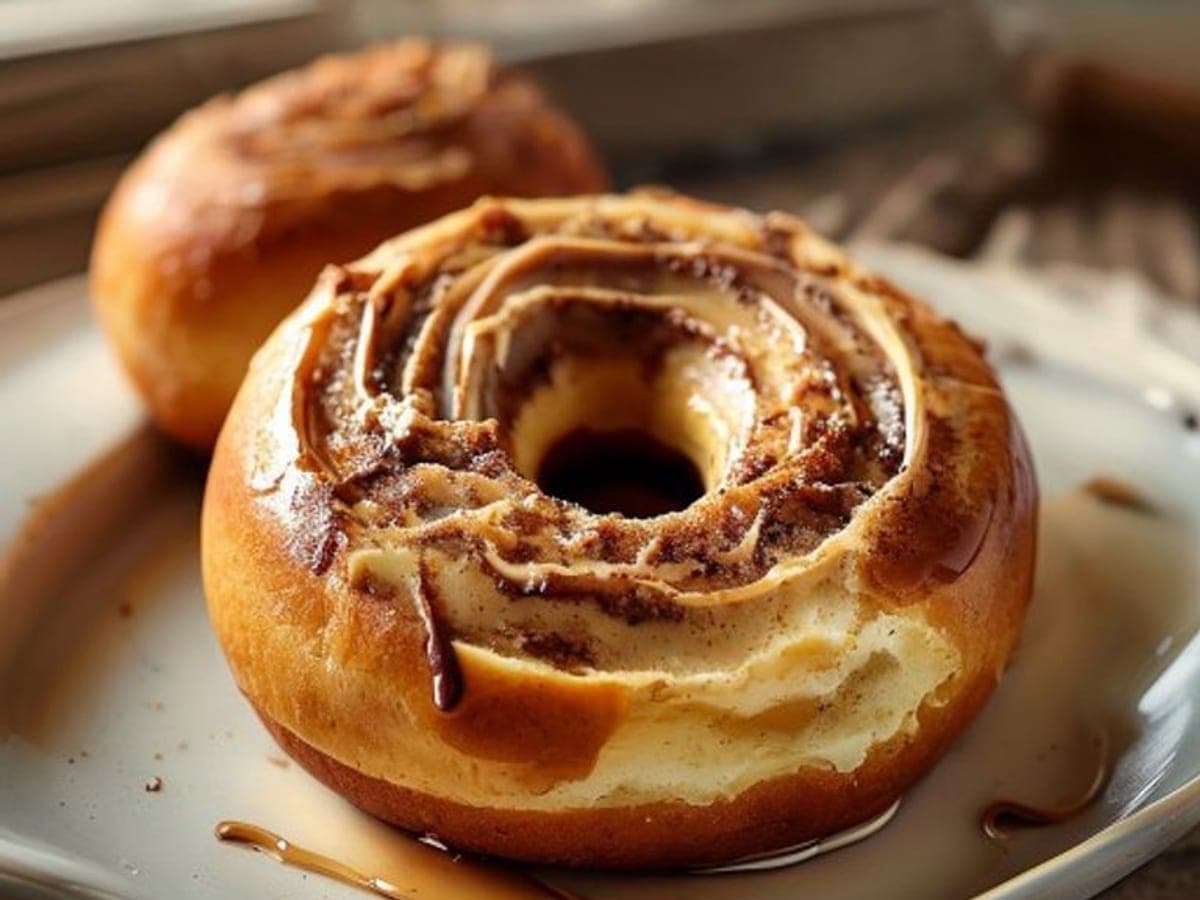 a baked cinnamon roll donut cut in half showing a soft cakey interior laced with cinnamon swirl and a glaze top (AI-generated editorial image)