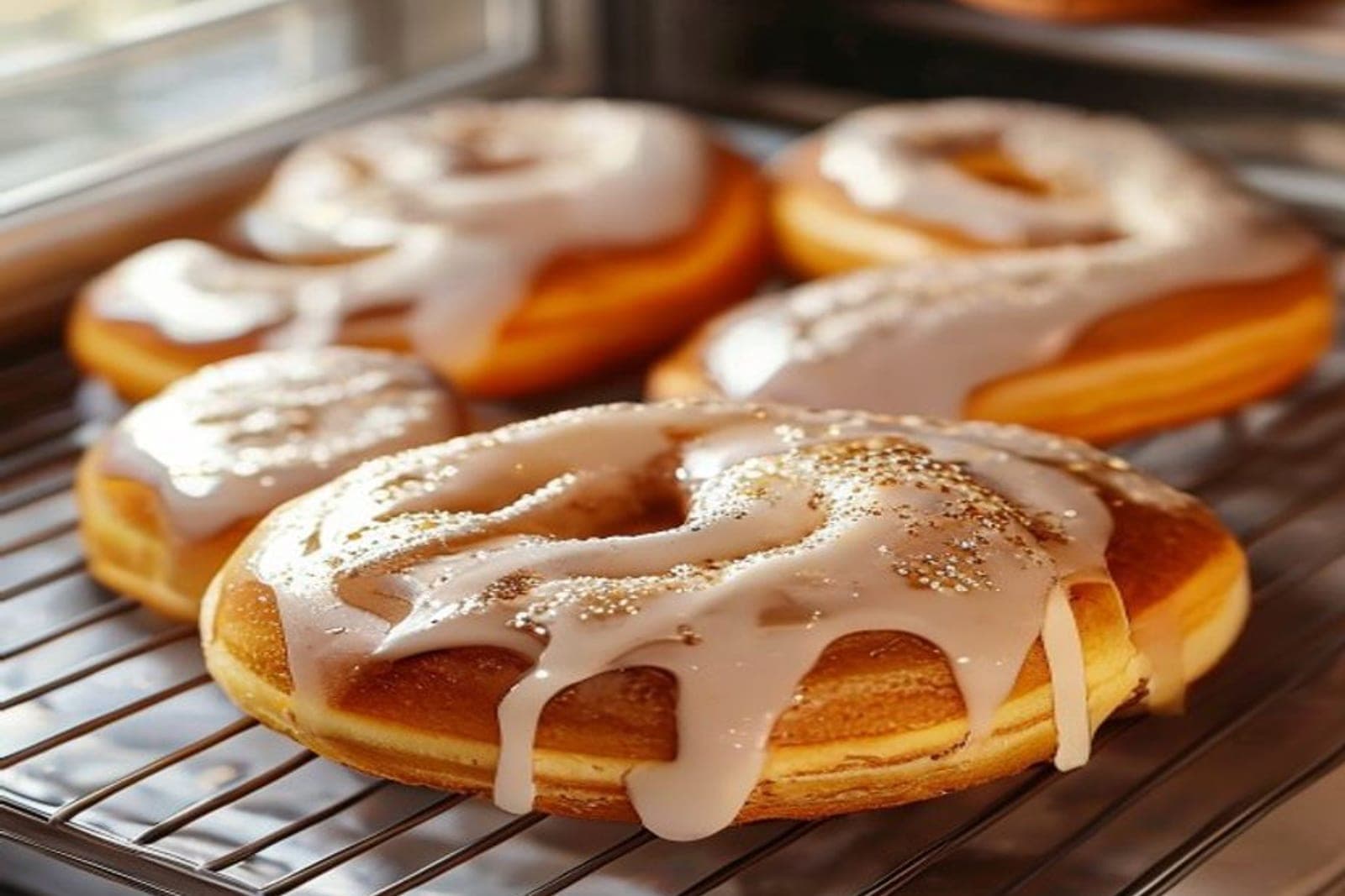 baked cinnamon roll donuts on a wire cooling rack (AI-generated editorial image)