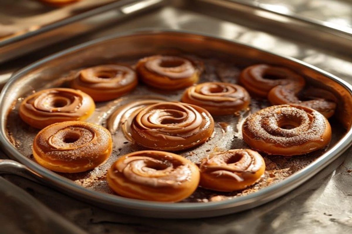 cinnamon-swirl donut batter being piped into a metal donut baking pan (AI-generated editorial image)