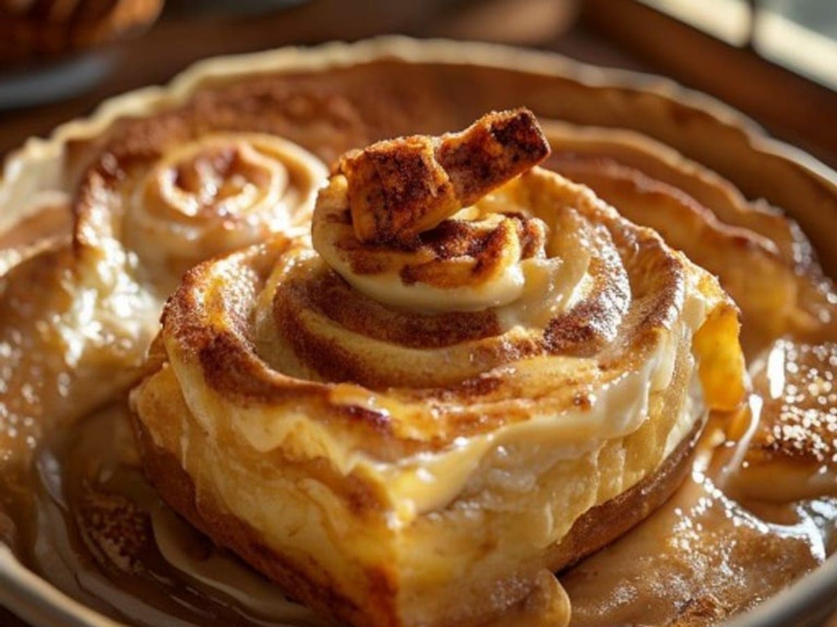 a serving scoop lifted from a cinnamon roll french toast casserole showing the soft custardy interior and cinnamon swirl pieces (AI-generated editorial image)