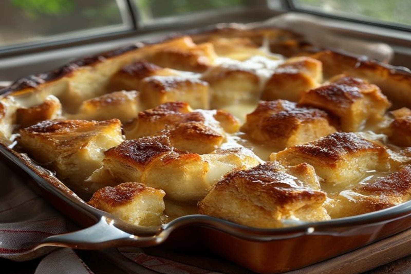 a rectangular baking dish casserole of custard-soaked cinnamon roll chunks baked until golden and puffed (AI-generated editorial image)