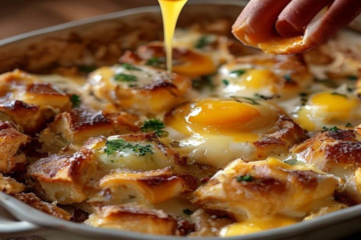 torn cinnamon roll chunks arranged in a baking dish with egg custard being poured over them (AI-generated editorial image)