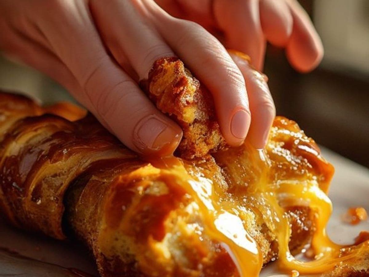 hands pulling apart a sticky caramel-coated piece of cinnamon monkey bread from the pull-apart loaf (AI-generated editorial image)