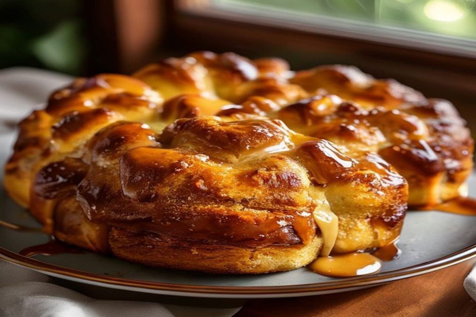 a cinnamon roll monkey bread turned out of a bundt pan onto a plate (AI-generated editorial image)