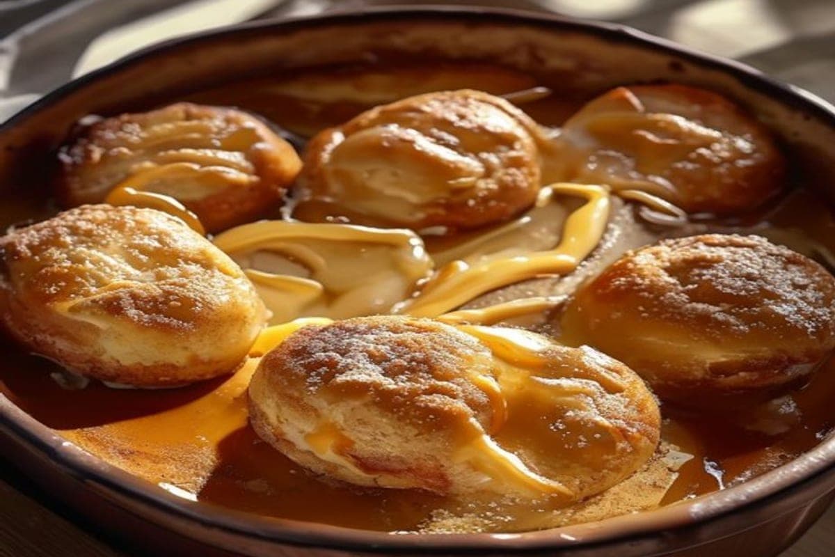 cinnamon-sugar-coated dough pieces layered in a bundt pan with caramel sauce poured over (AI-generated editorial image)