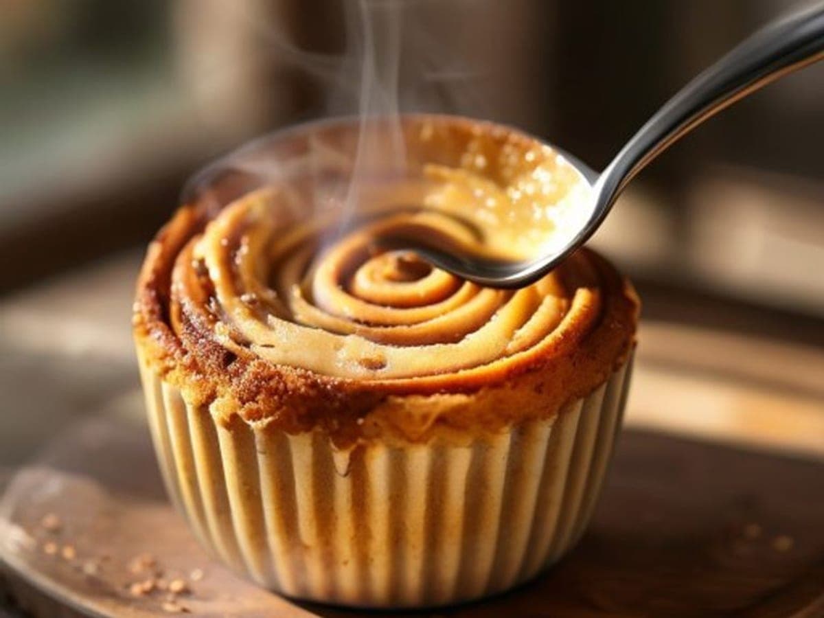 a spoon lifting a soft steaming bite from a cinnamon roll mug cake in a mug (AI-generated editorial image)