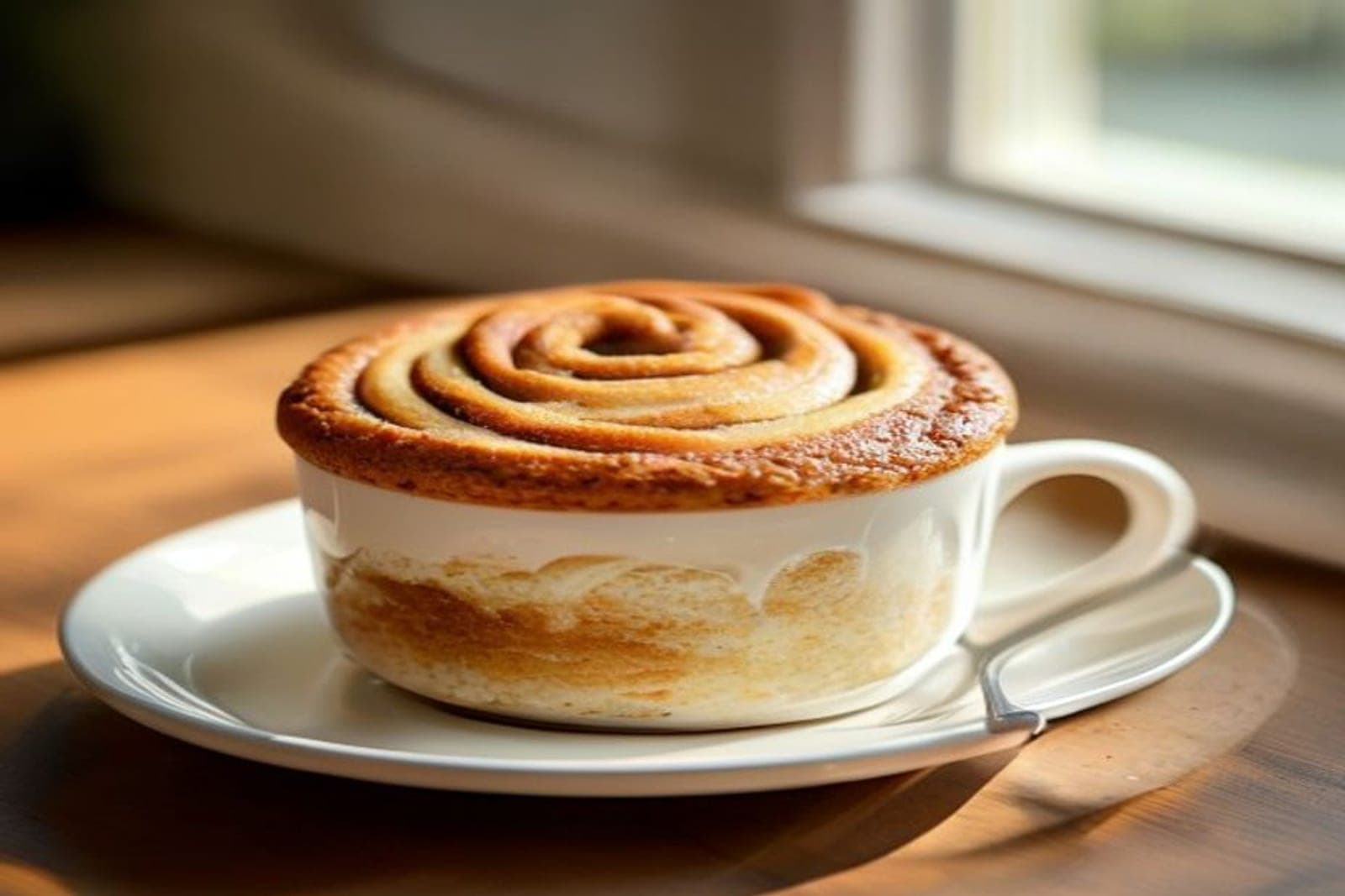 a single cinnamon roll mug cake in a white ceramic mug (AI-generated editorial image)