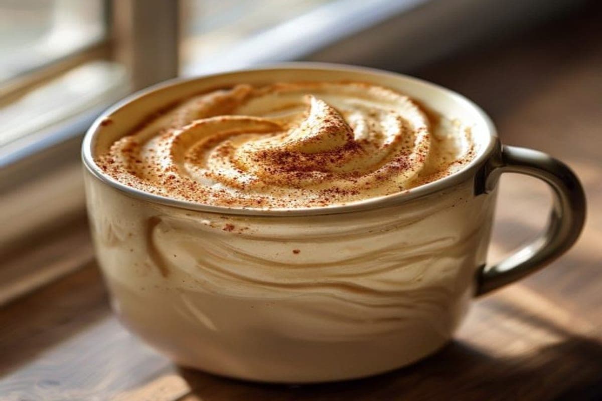 cake batter with a cinnamon-sugar swirl in a microwave-safe mug before cooking (AI-generated editorial image)