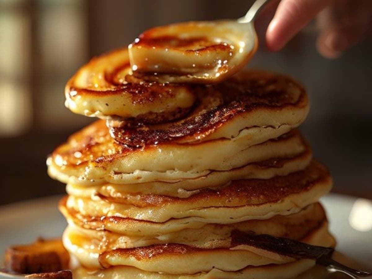 a fork lifting a bite from a stack of cinnamon-swirl pancakes (AI-generated editorial image)
