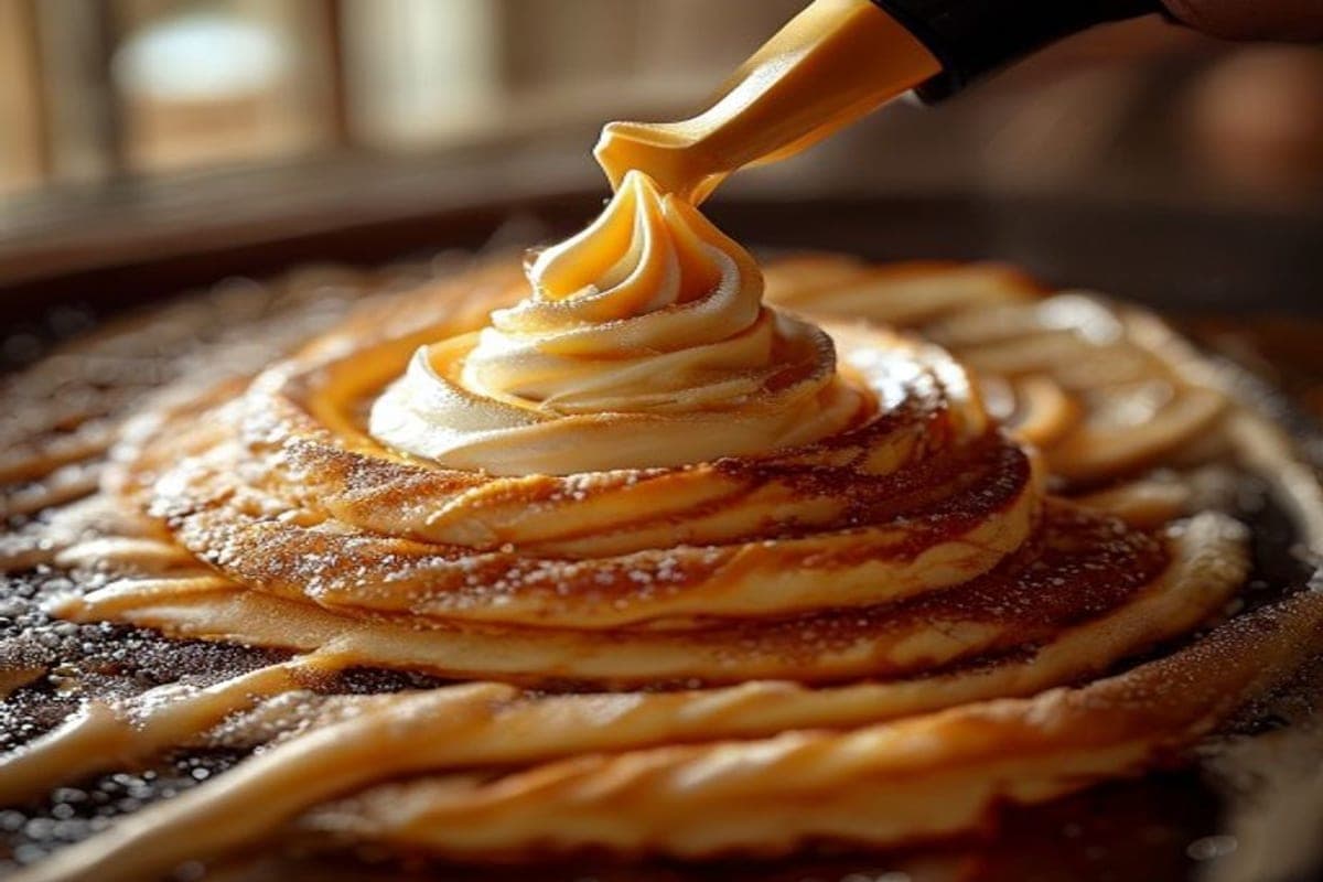 a cinnamon-sugar swirl being piped in a spiral onto a pancake cooking on a hot griddle (AI-generated editorial image)
