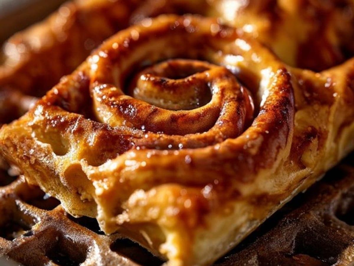 a fork cutting a bite from a cinnamon roll waffle showing the crisp waffle-grid texture and cinnamon swirl (AI-generated editorial image)