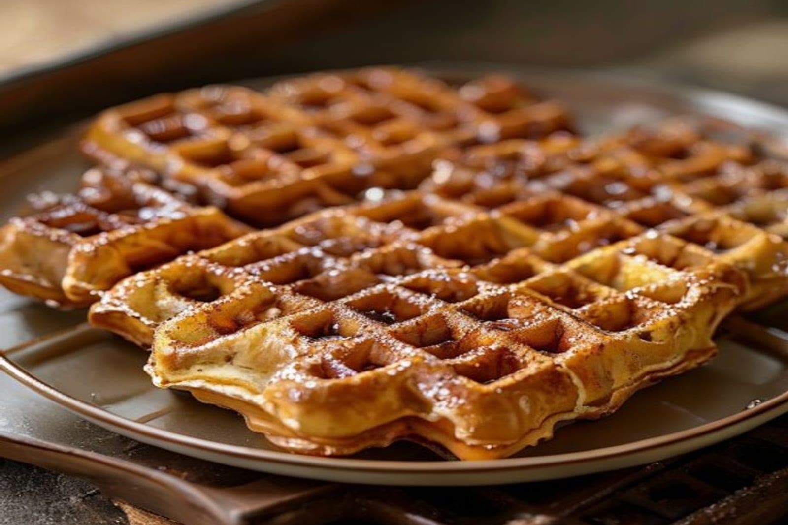 golden cinnamon roll waffles cooked in a waffle iron (AI-generated editorial image)