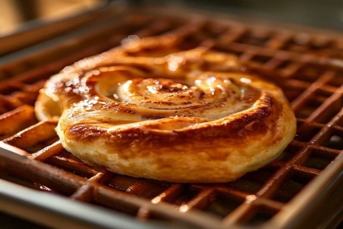a cinnamon roll being pressed flat inside an open waffle iron (AI-generated editorial image)