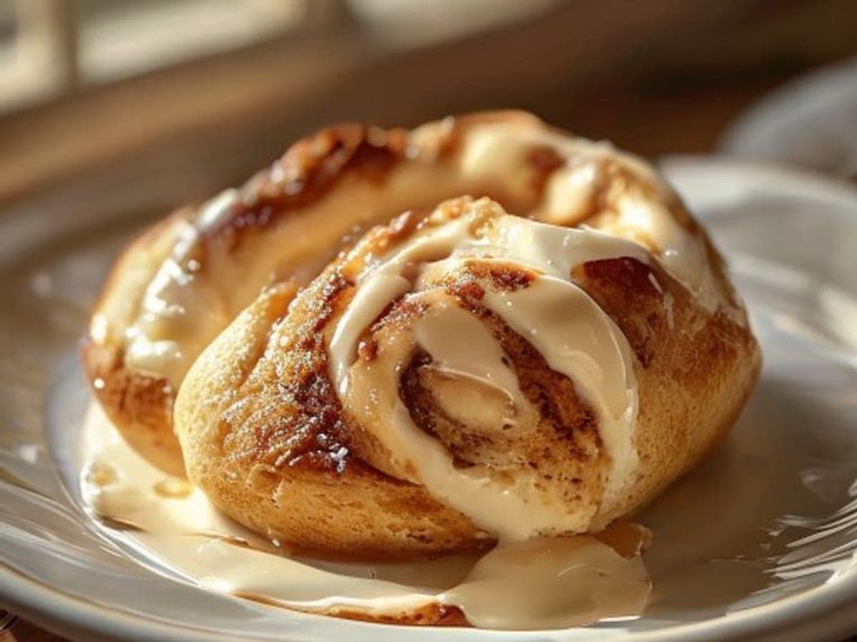 a single classic cinnamon roll pulled apart on a plate (AI-generated editorial image)