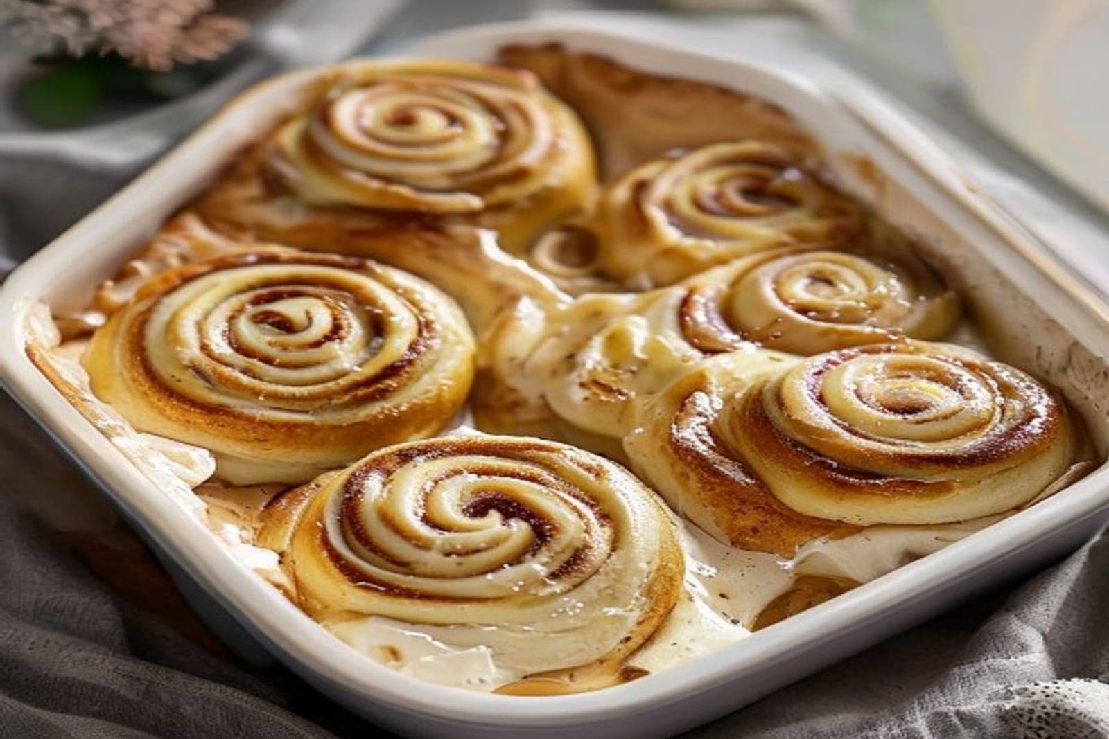classic homemade cinnamon rolls in a white 9x13 baking dish (AI-generated editorial image)