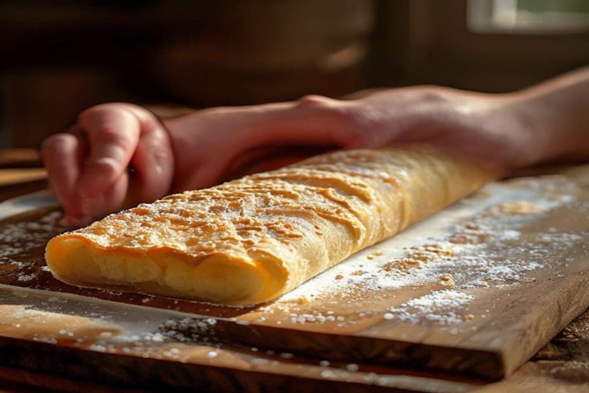 hands rolling a rectangle of dough spread with cinnamon sugar into a log on a floured wooden board (AI-generated editorial image)