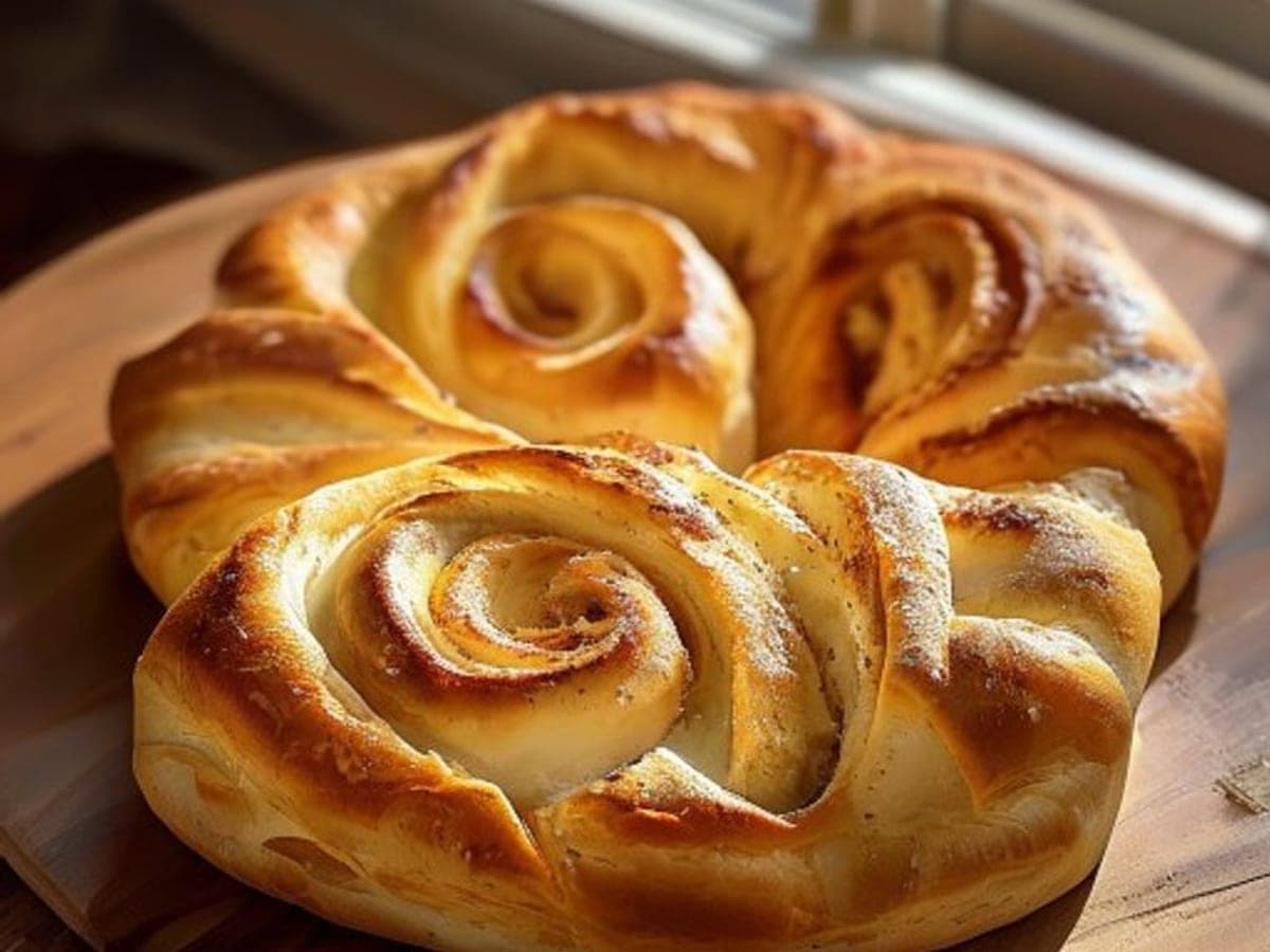 a flaky crescent dough cinnamon roll pulled apart showing buttery layers and cinnamon swirl (AI-generated editorial image)
