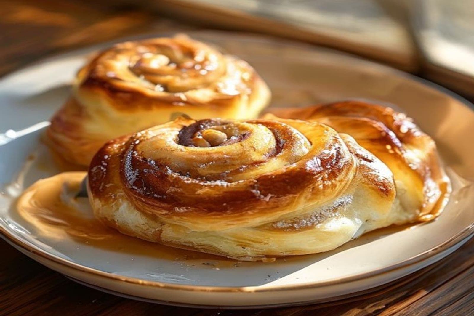 quick crescent roll cinnamon rolls with flaky layered dough and vanilla glaze on a plate (AI-generated editorial image)