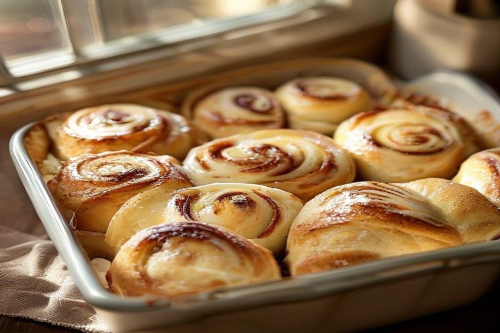 dairy free cinnamon rolls with dairy free glaze in a baking dish (AI-generated editorial image)
