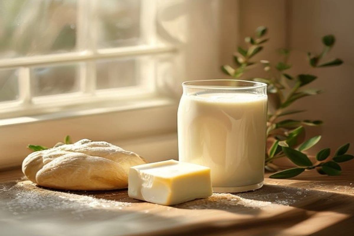 plant milk and dairy free butter beside soft dough (AI-generated editorial image)