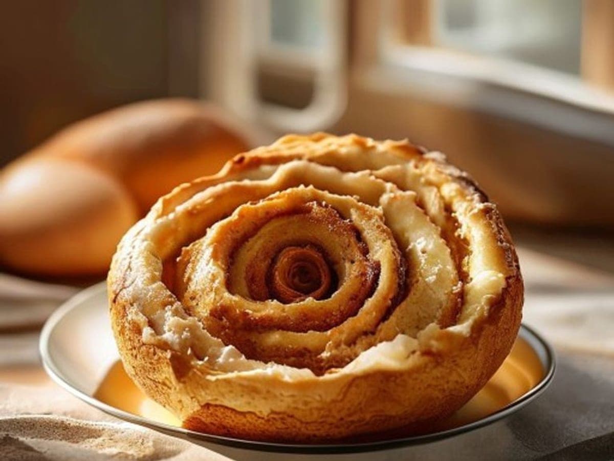 an egg free cinnamon roll pulled apart showing a soft crumb and cinnamon swirl (AI-generated editorial image)