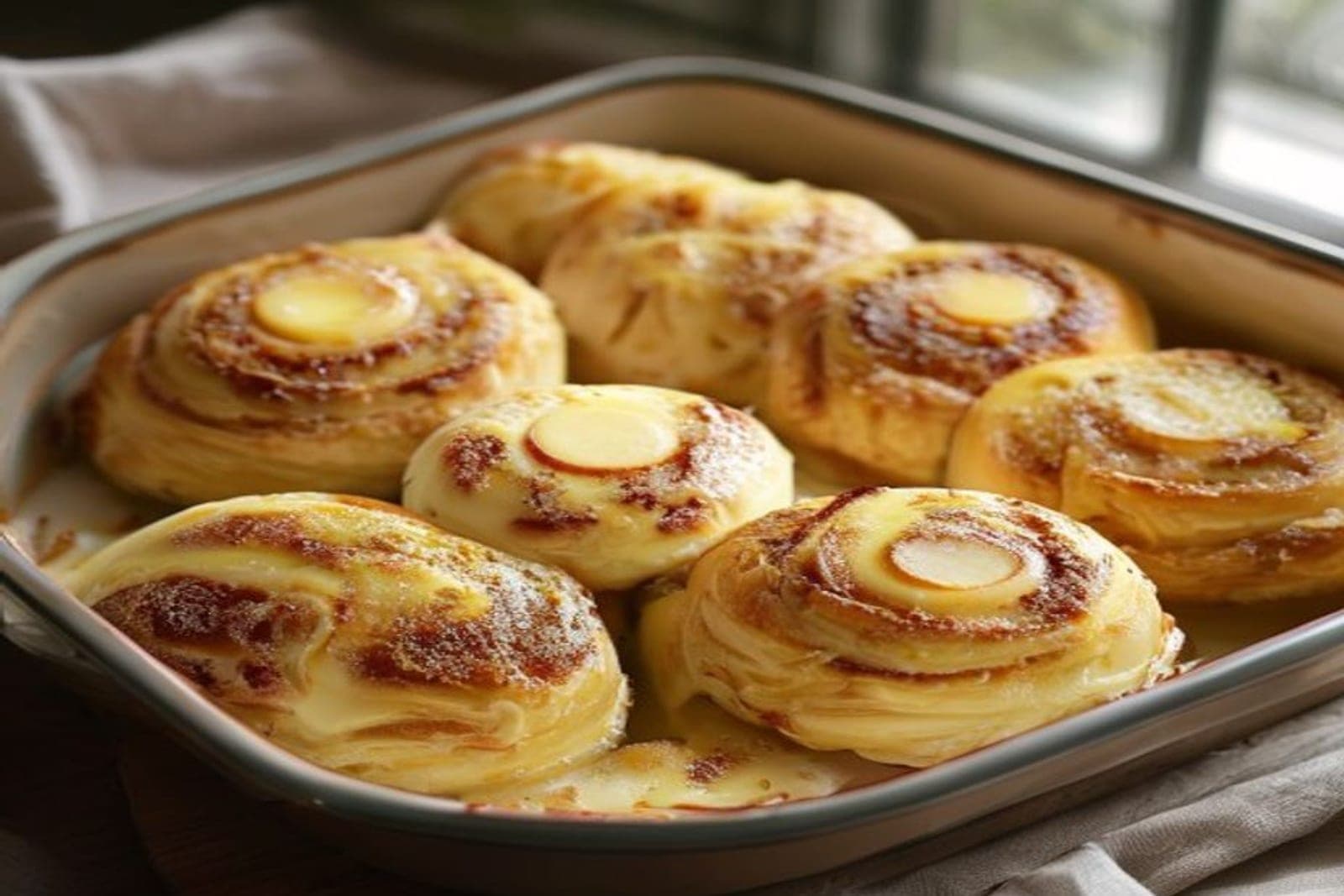 egg free cinnamon rolls with pale golden tops and vanilla glaze in a baking dish (AI-generated editorial image)
