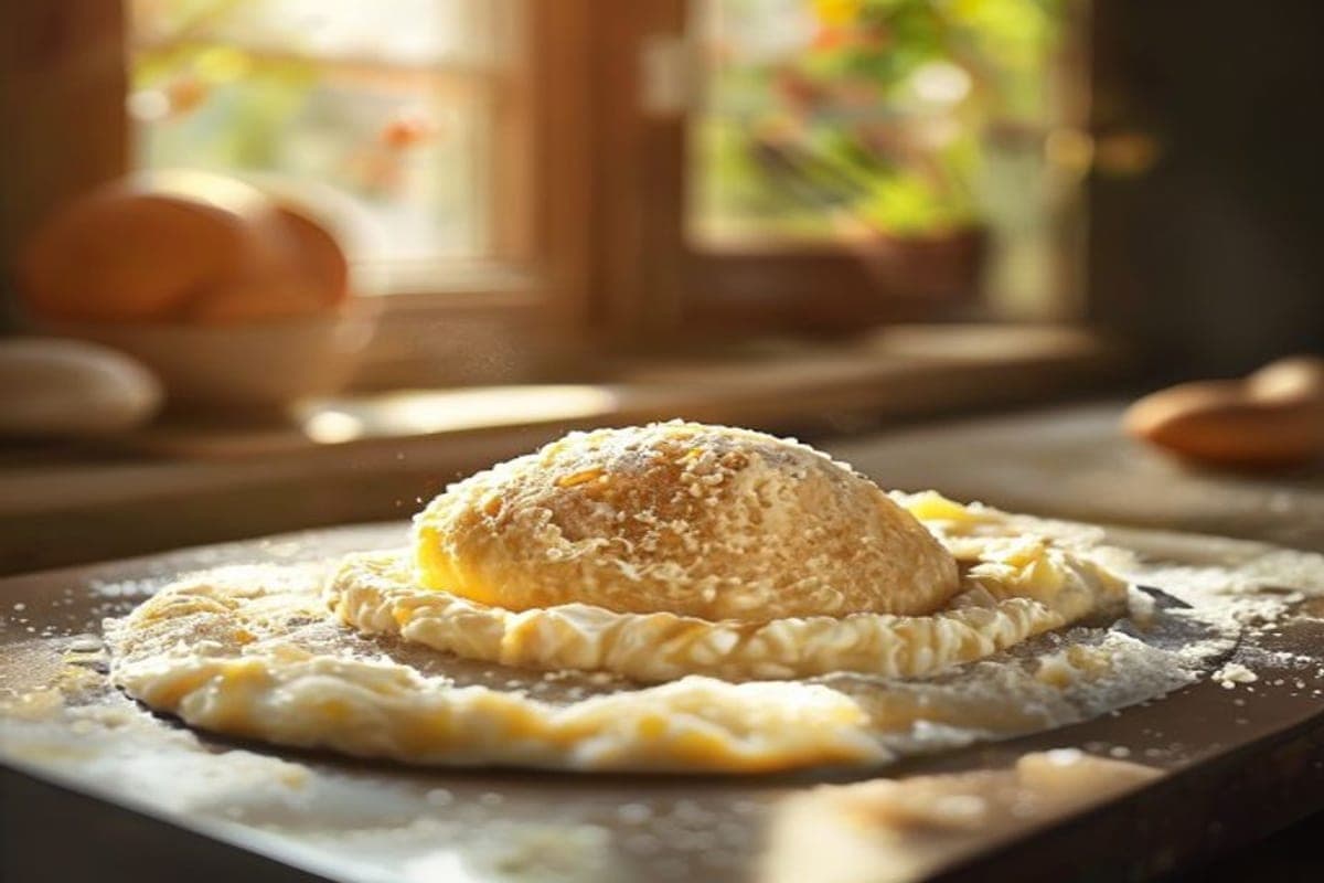 eggless enriched dough being kneaded on a floured counter (AI-generated editorial image)