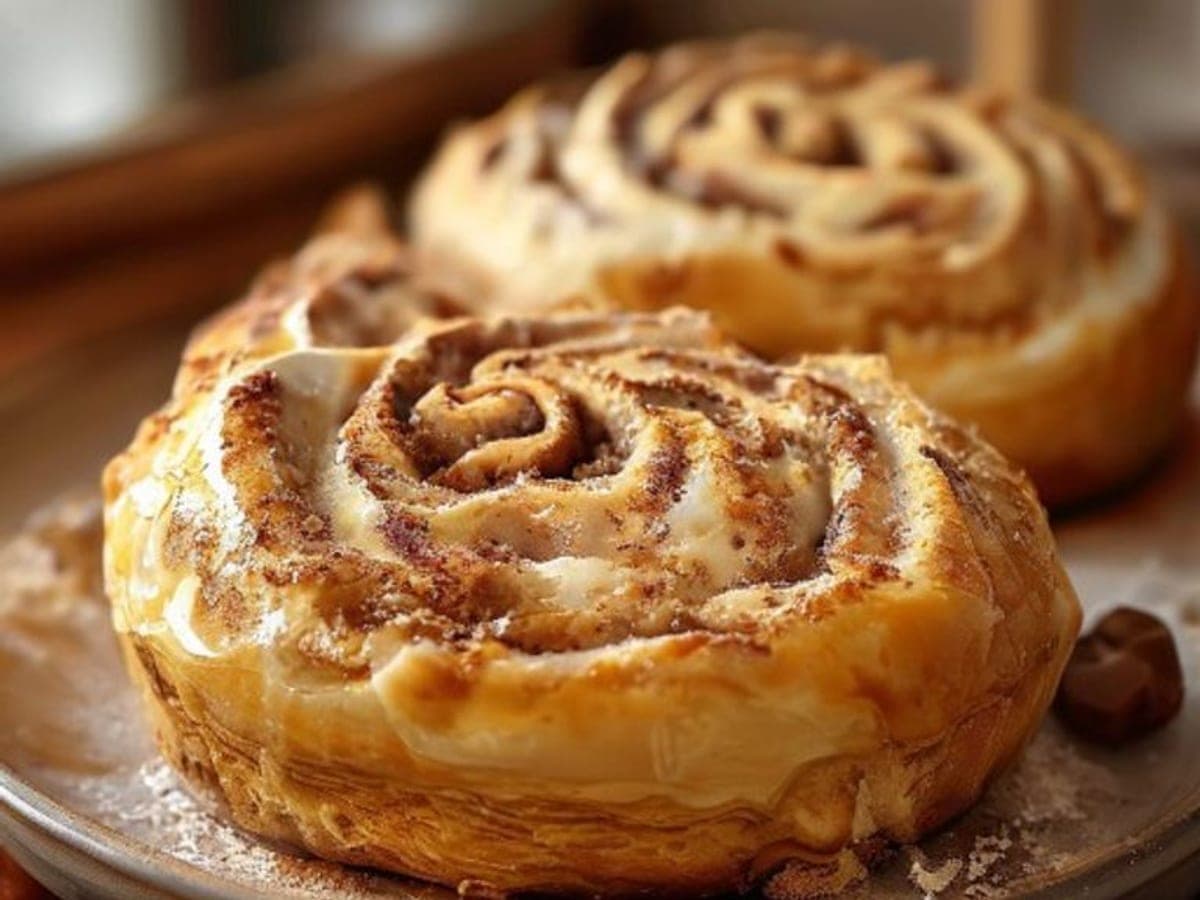 an eggnog cinnamon roll pulled apart to show a tender nutmeg-flecked crumb and cinnamon swirl (AI-generated editorial image)