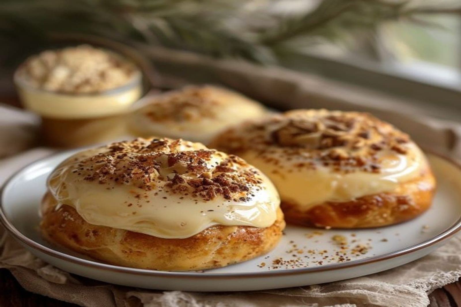 a pan of eggnog cinnamon rolls with a pale creamy eggnog glaze and freshly grated nutmeg on top (AI-generated editorial image)