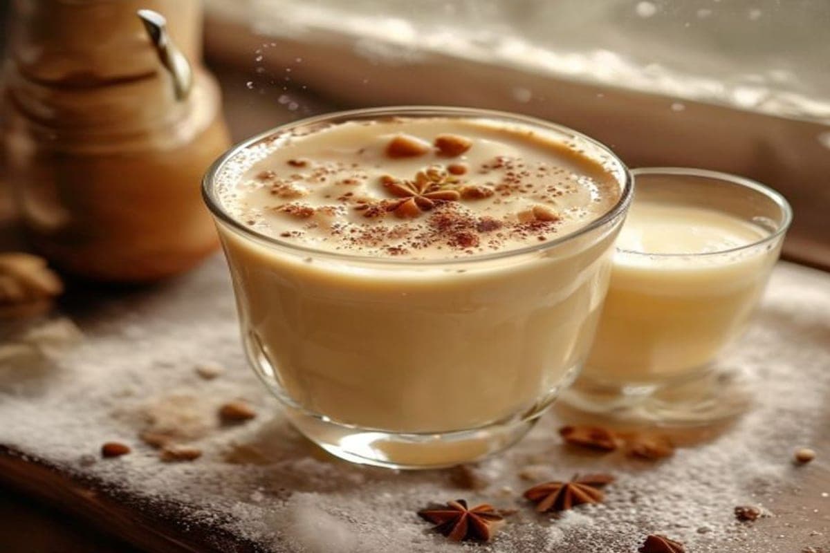 creamy eggnog being whisked into a powdered sugar glaze with grated nutmeg (AI-generated editorial image)