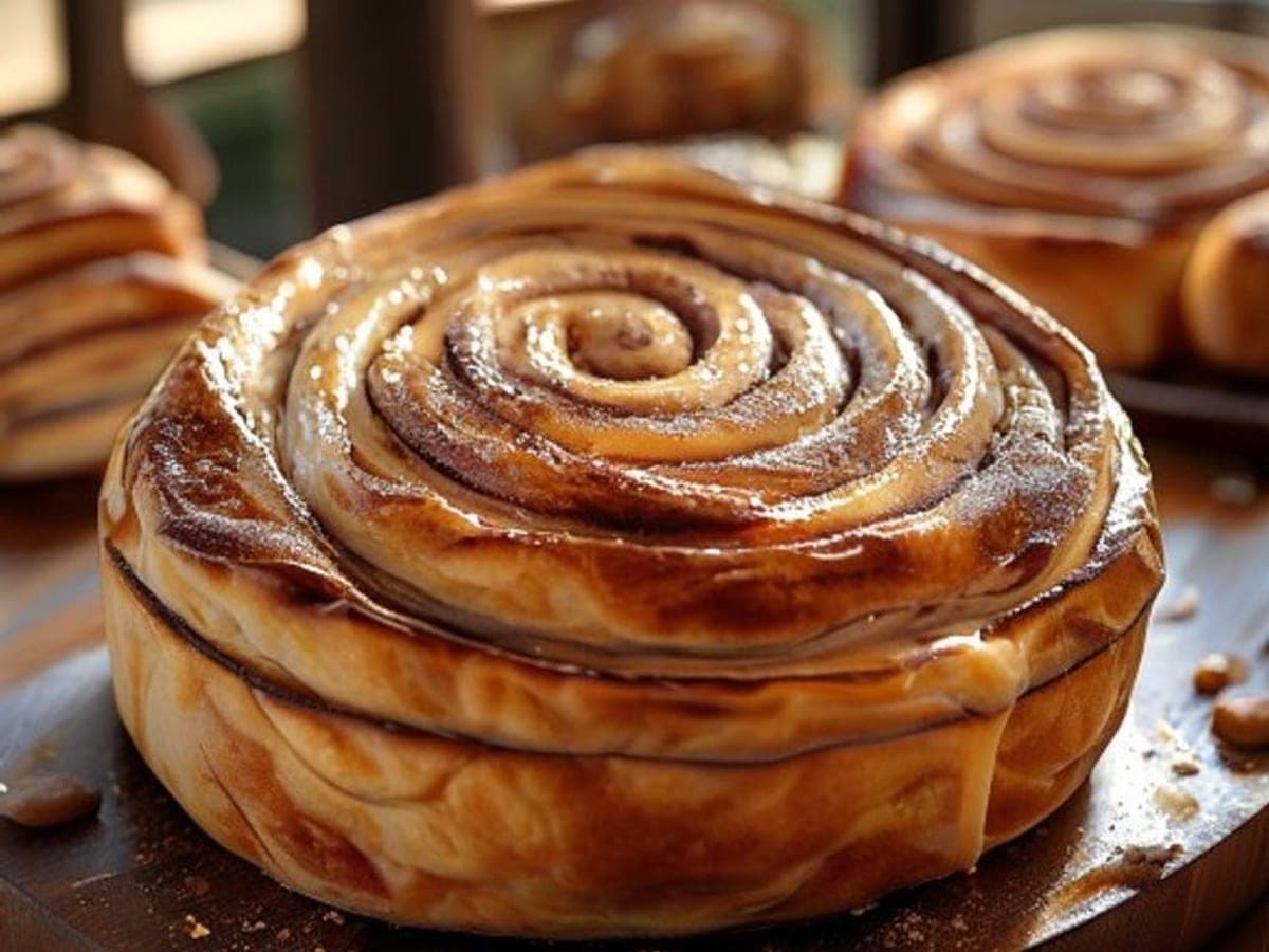 a thick wedge cut from a giant skillet cinnamon roll lifted out (AI-generated editorial image)
