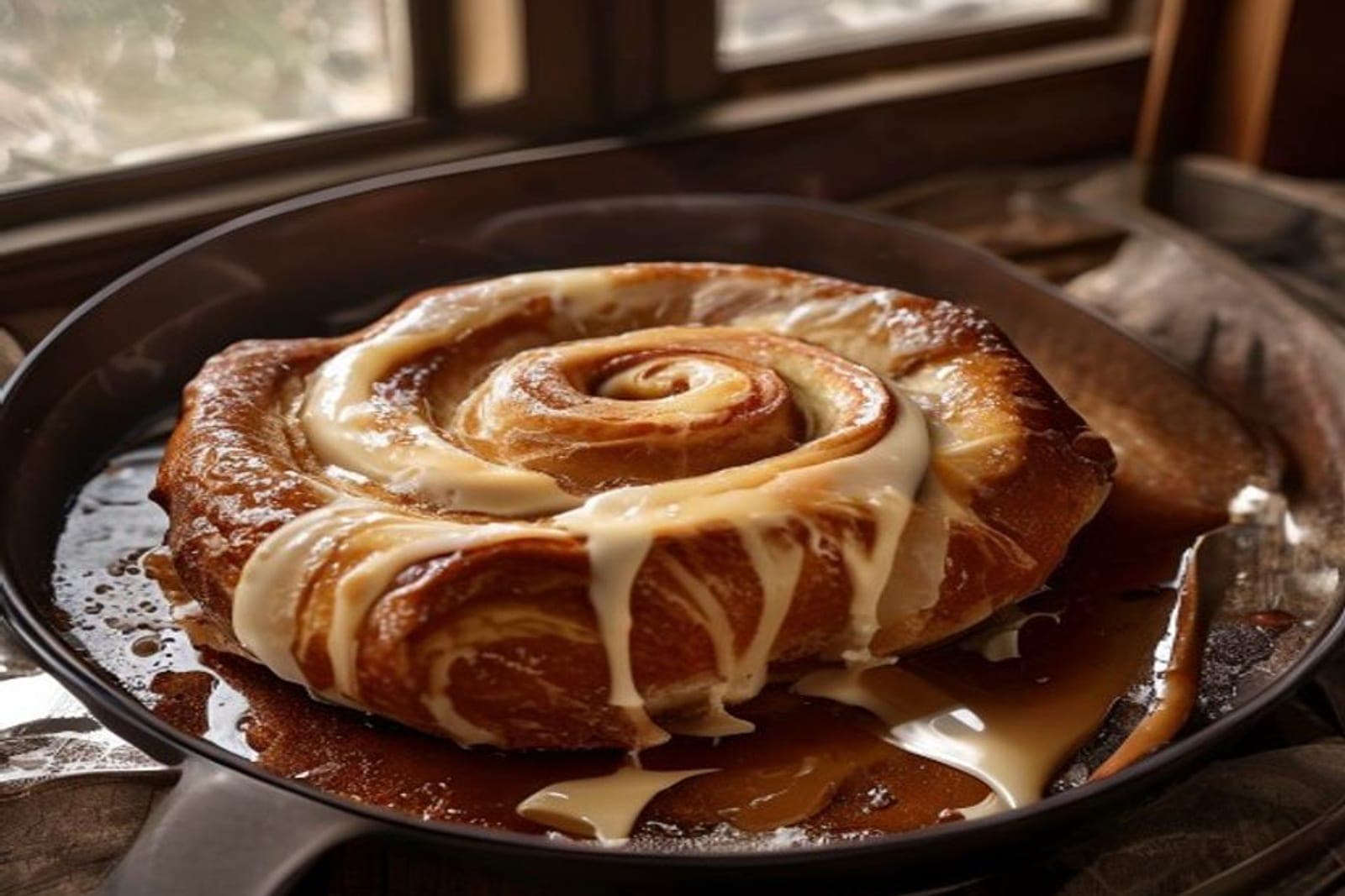 one enormous single giant cinnamon roll filling an entire cast-iron skillet (AI-generated editorial image)