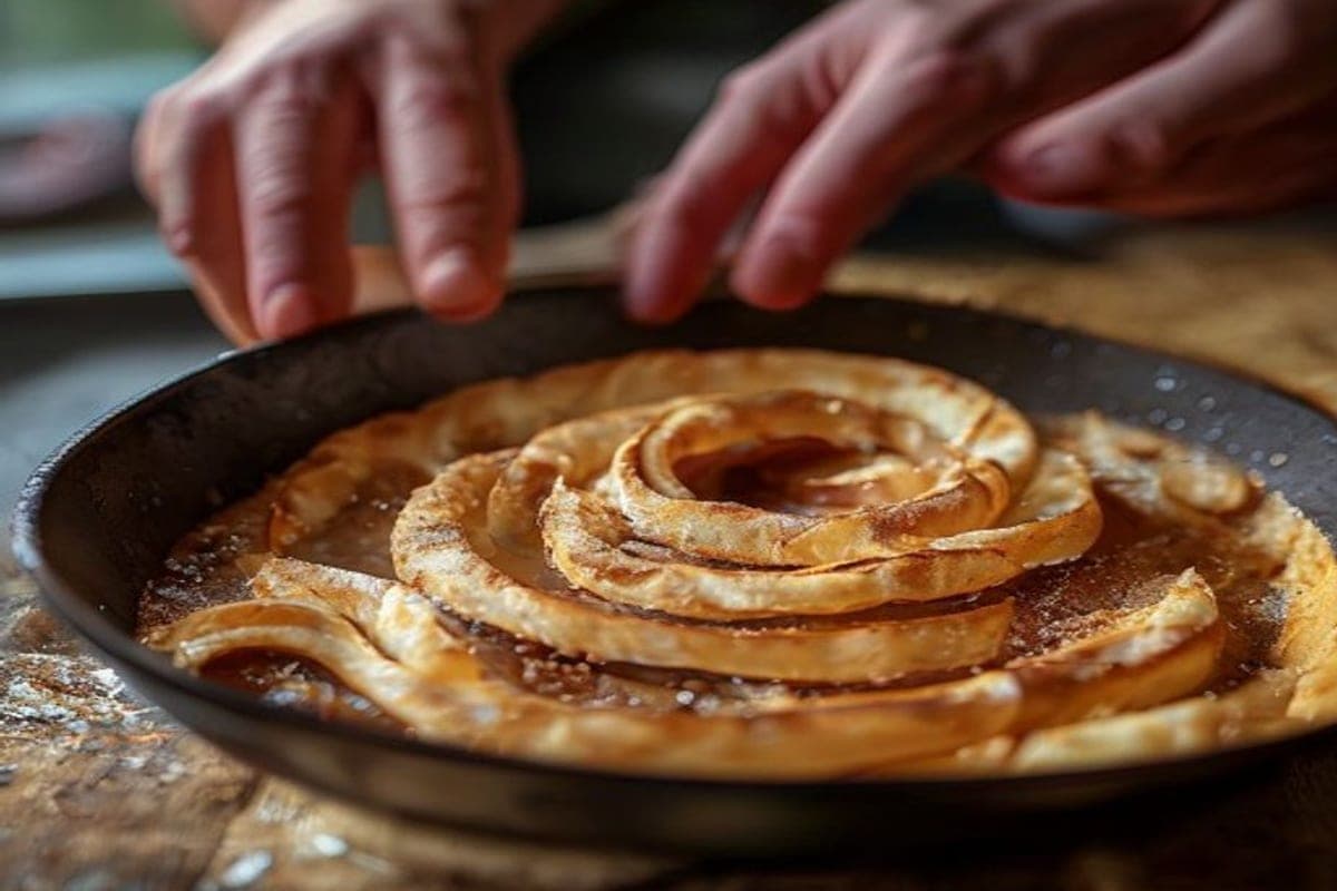 long wide strips of cinnamon-sugar-covered dough being coiled together into one single giant spiral inside a cast-iron skillet (AI-generated editorial image)