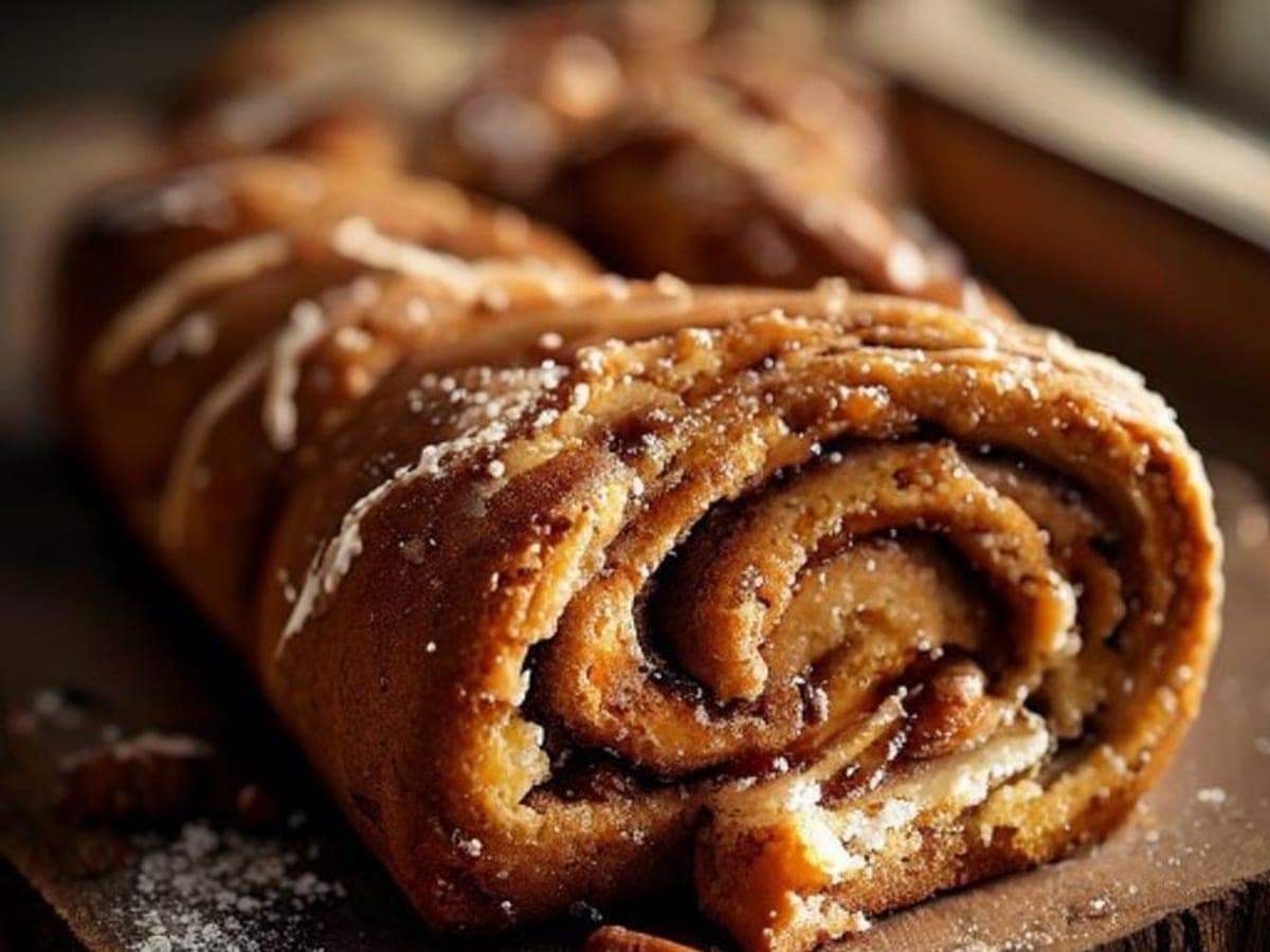 a dark gingerbread cinnamon roll pulled apart showing a molasses spiced crumb and swirl (AI-generated editorial image)