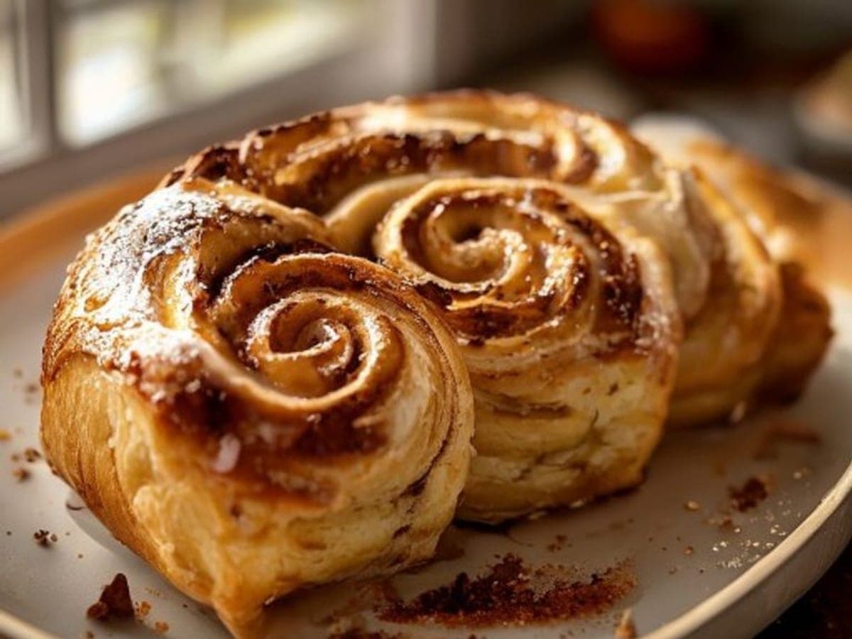 a gluten free cinnamon roll pulled apart showing a soft tender crumb and cinnamon swirl (AI-generated editorial image)