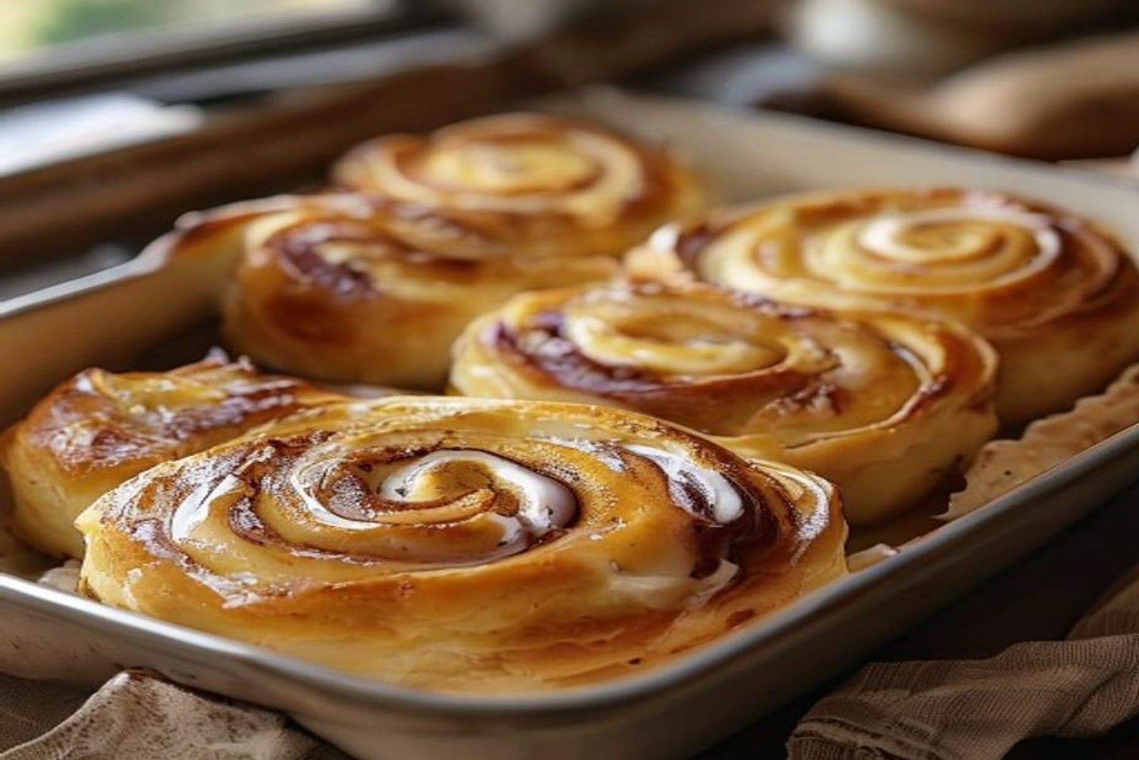 gluten free cinnamon rolls with soft golden tops and vanilla glaze in a baking dish (AI-generated editorial image)