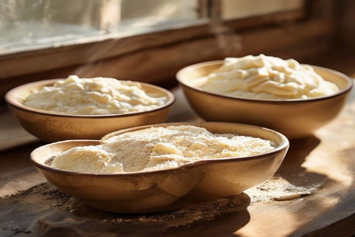 gluten free flour blend and xanthan gum in bowls beside soft dough (AI-generated editorial image)