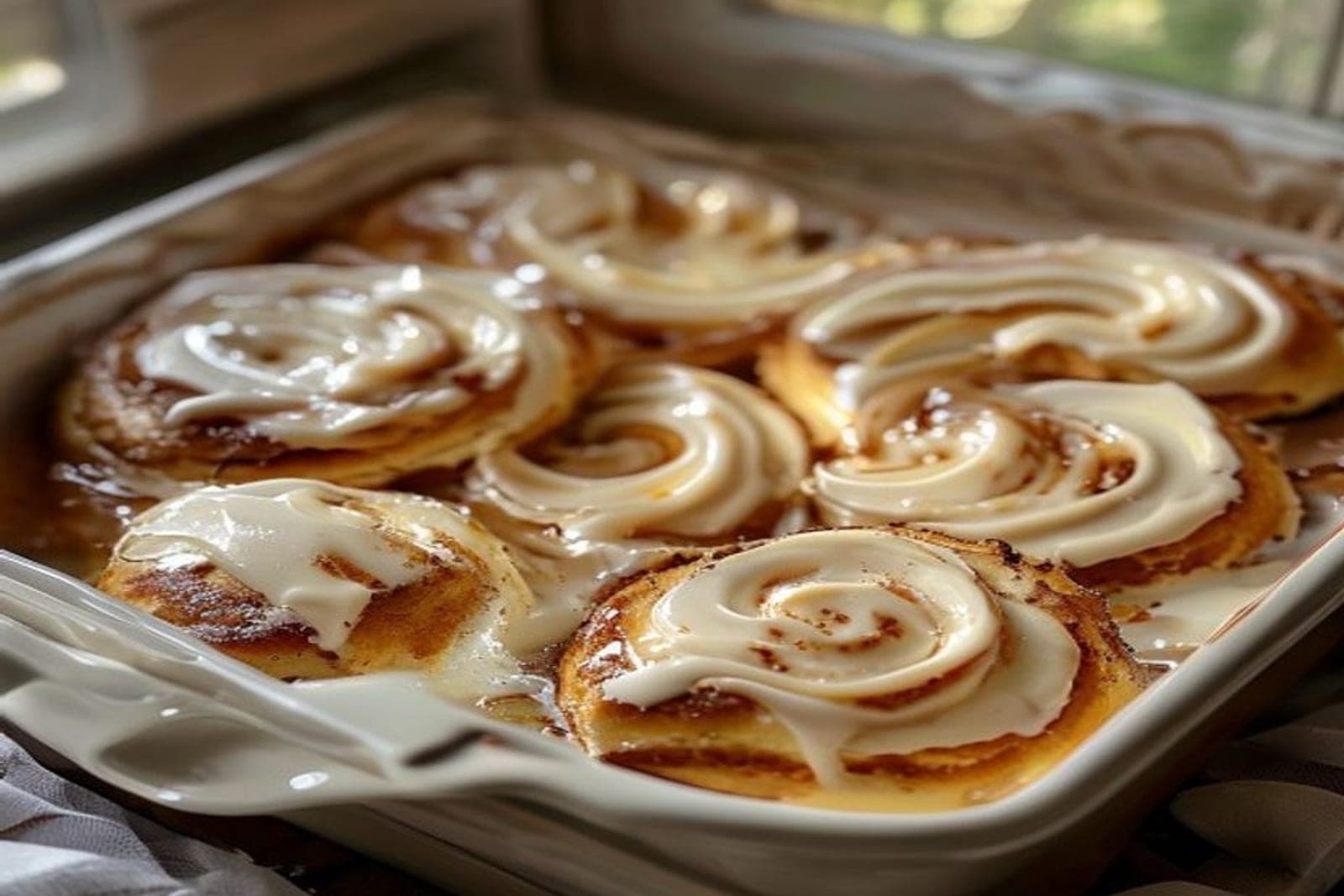 extra soft custardy cinnamon rolls in a baking dish after the heavy cream trick (AI-generated editorial image)