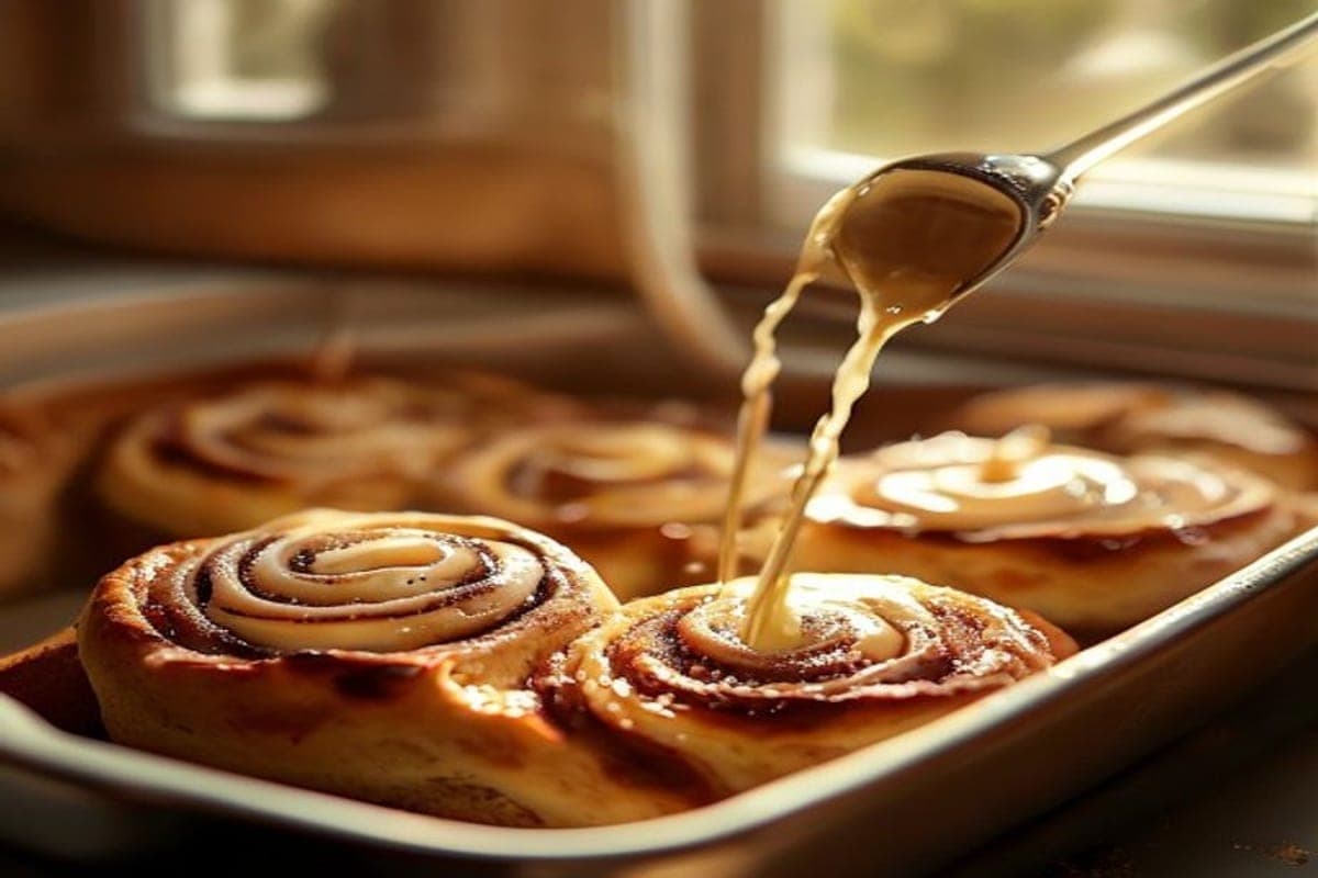 pouring warm heavy cream over shaped cinnamon rolls in a baking dish before baking (AI-generated editorial image)