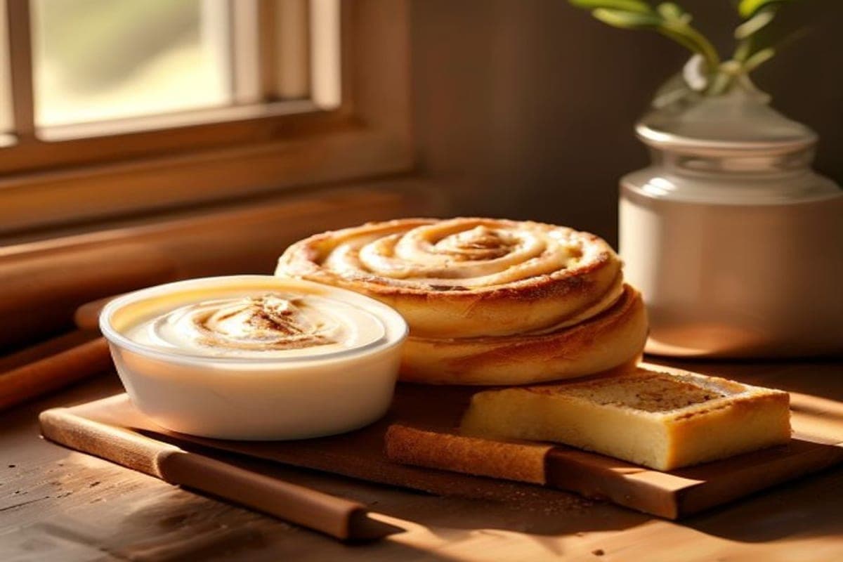 a tube of refrigerated cinnamon rolls beside heavy cream and extra cinnamon butter (AI-generated editorial image)