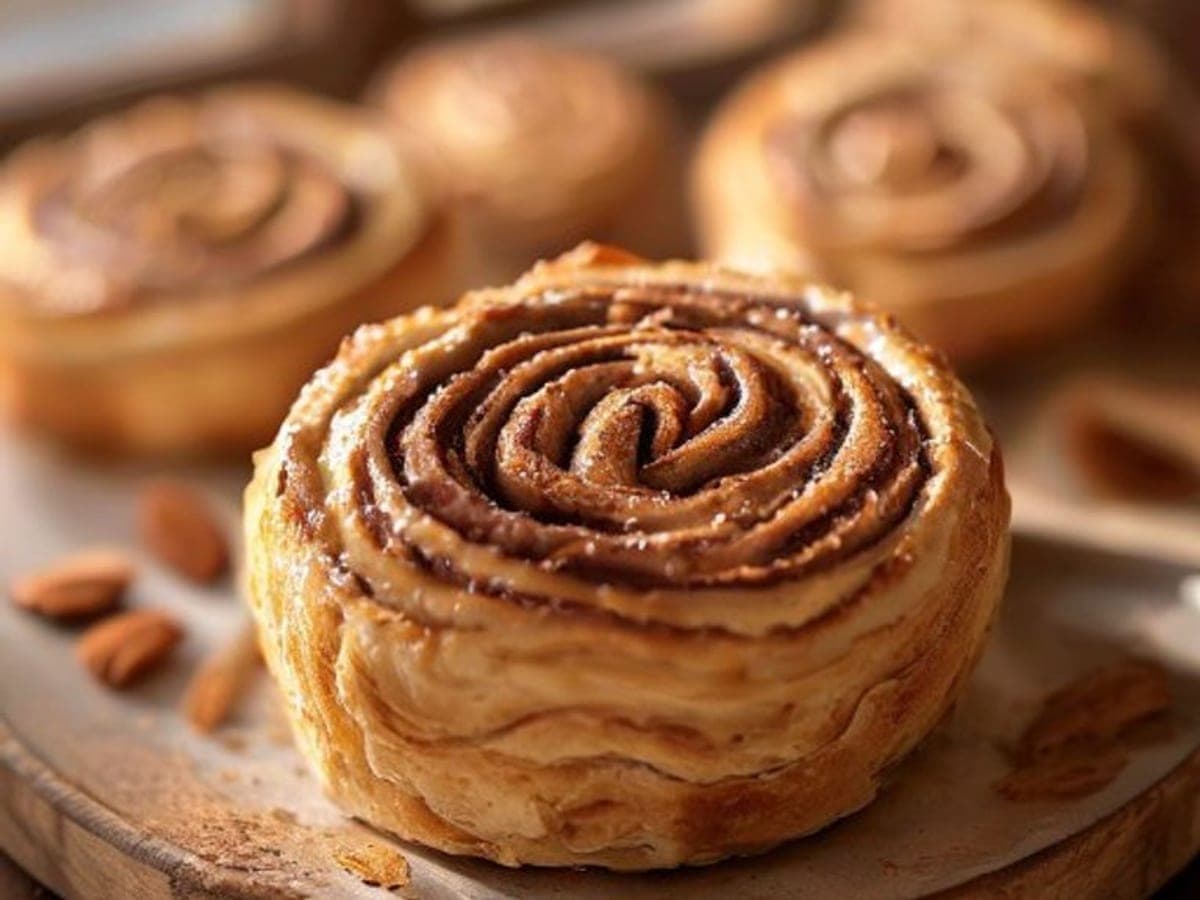 a low-carb almond-flour cinnamon roll pulled apart to show a tender grain-free crumb and cinnamon swirl (AI-generated editorial image)
