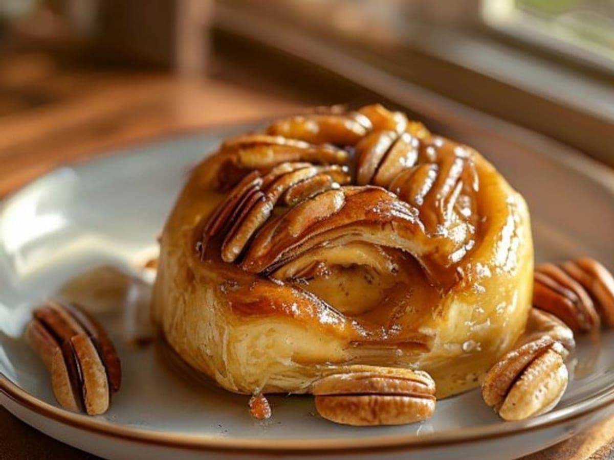 a single maple pecan cinnamon roll on a plate with visible pecans and maple glaze (AI-generated editorial image)